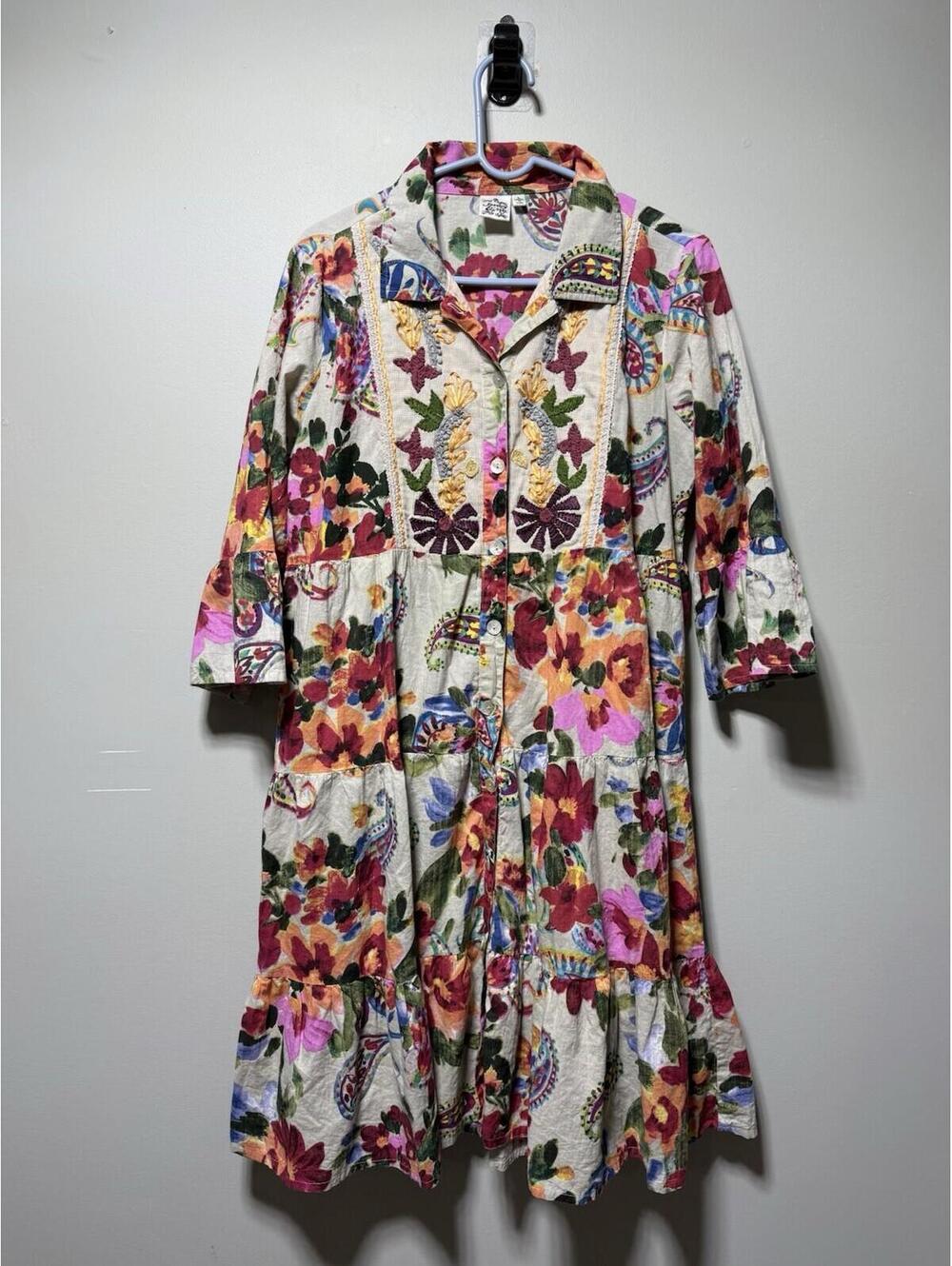 Parsley & Sage Waverly Tiered Floral Embroidered Dress 100% Cotton L Boho Artsy - Picture 1 of 8